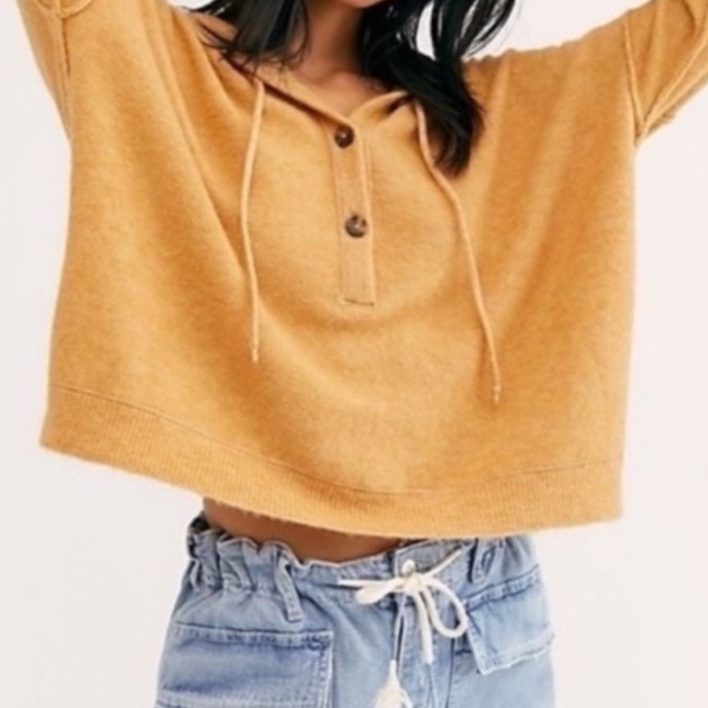 Womens Mustard Button-Henley Knit Sweater